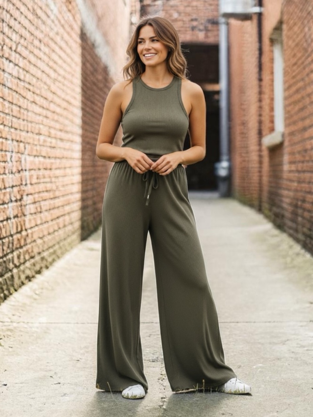 Ribbed Wide Leg Jumpsuit in Olive
